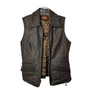 NEW Harkila Brown Leather Hunting Vest Pockets Full Zip Moto Jacket Mens S
